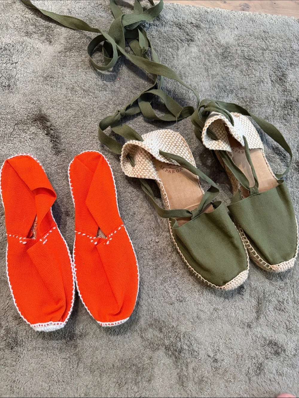 2 pair Espadrilles lace-Up Sandals in Olive Green and orange